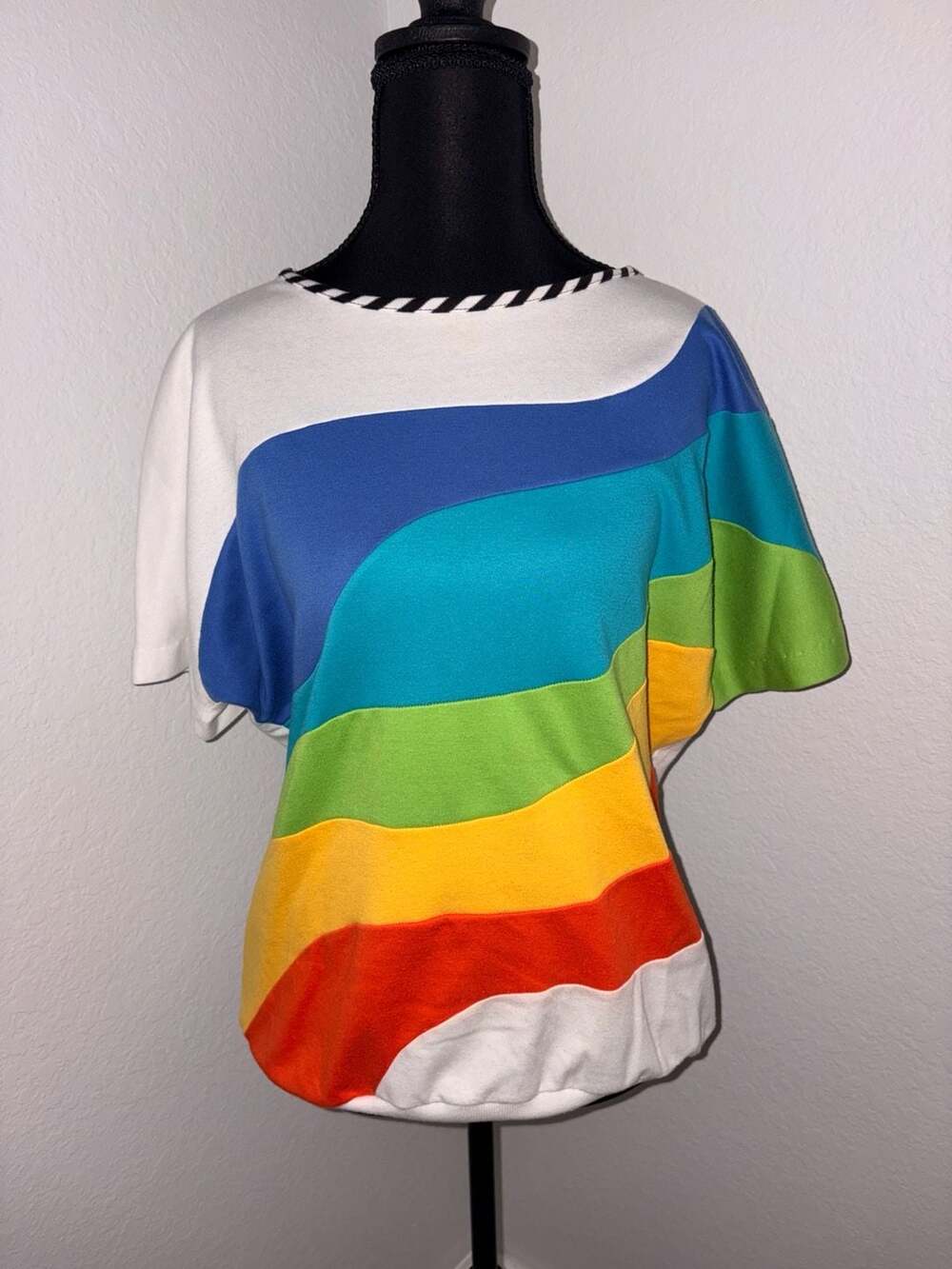 Barbara Gerwit Vintage Rainbow Stripe Colorblock Short Sleeve Knit Top